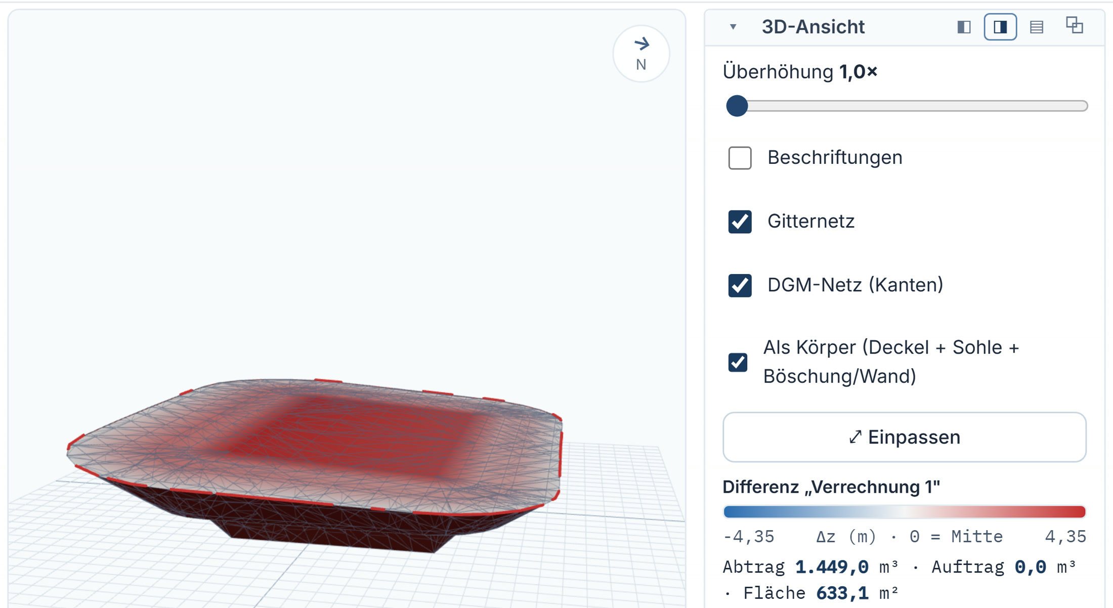 Screenshot aus CivilOps Aufmaß, Modul Erdbau: der Aushubkörper einer parametrischen Baugrube in der 3D-Ansicht, ohne Überhöhung. Der Körper steht plastisch über dem Gitternetz: oben der wellige, rot eingefärbte Deckel auf Bestandsniveau mit roter Ausstreichkante, an den Seiten die abgestuften Böschungsflanken mit steiler unterer Böschung, Bermen-Absatz und flacher auslaufender oberer Böschung. Rechts das 3D-Panel mit Überhöhungs-Regler auf 1,0-fach, dem Haken Als Körper (Deckel plus Sohle plus Böschung/Wand) und der Differenz-Legende von minus 4,35 bis plus 4,35 Metern; darunter die Mengen: Abtrag 1.449,0 Kubikmeter, Fläche 633,1 Quadratmeter.